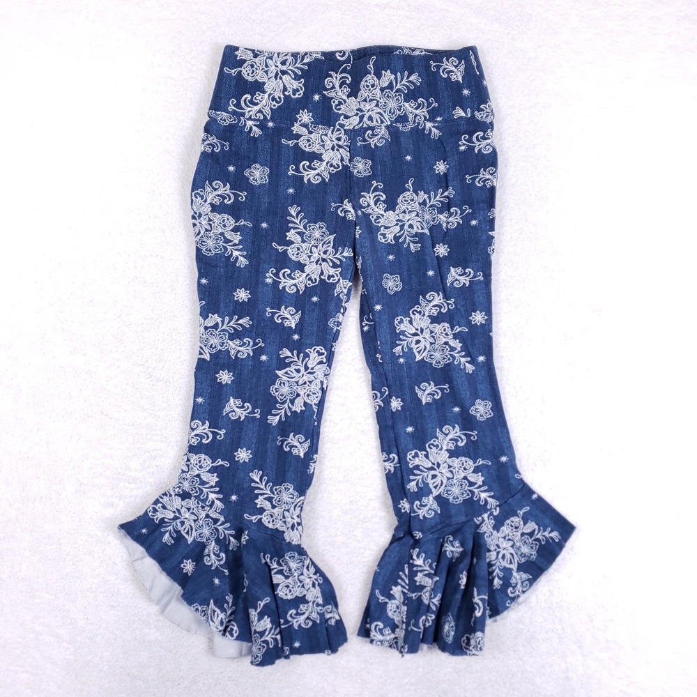 Slim Factor Flare Pants Womens Medium Floral Faux Denim Ruffle Boho Festival